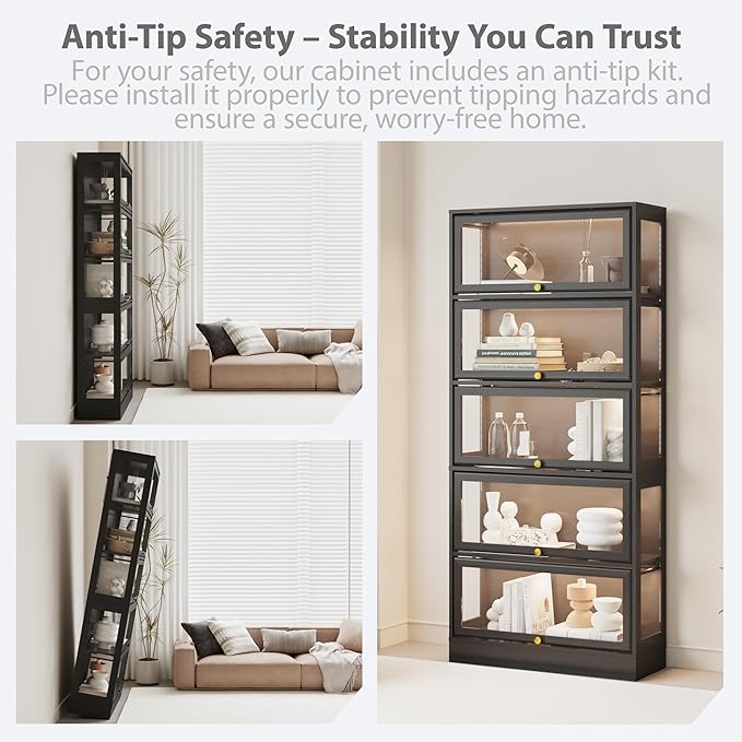 Display Cabinet with Acrylic Glass Doors, 5-Tiers Curio Cabinet with LED