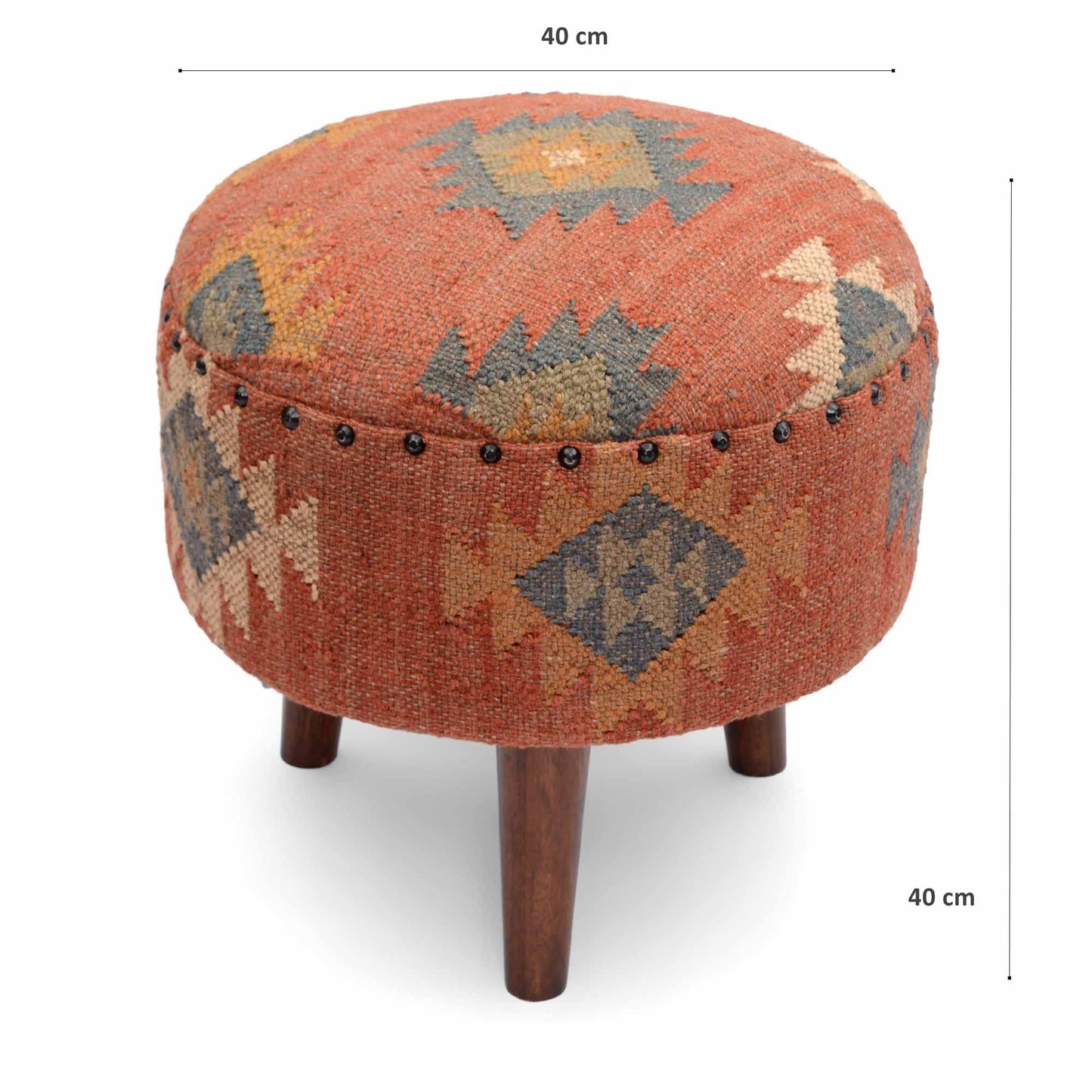 NATURAL FURNISH Handmade Kilim Jute Pouf Ottoman Stool | Round Upholstered Seating with Acacia Wood Legs | Decorative Foot Rest for Living Room, Bedroom, Reading Room & Lounge (Red)
