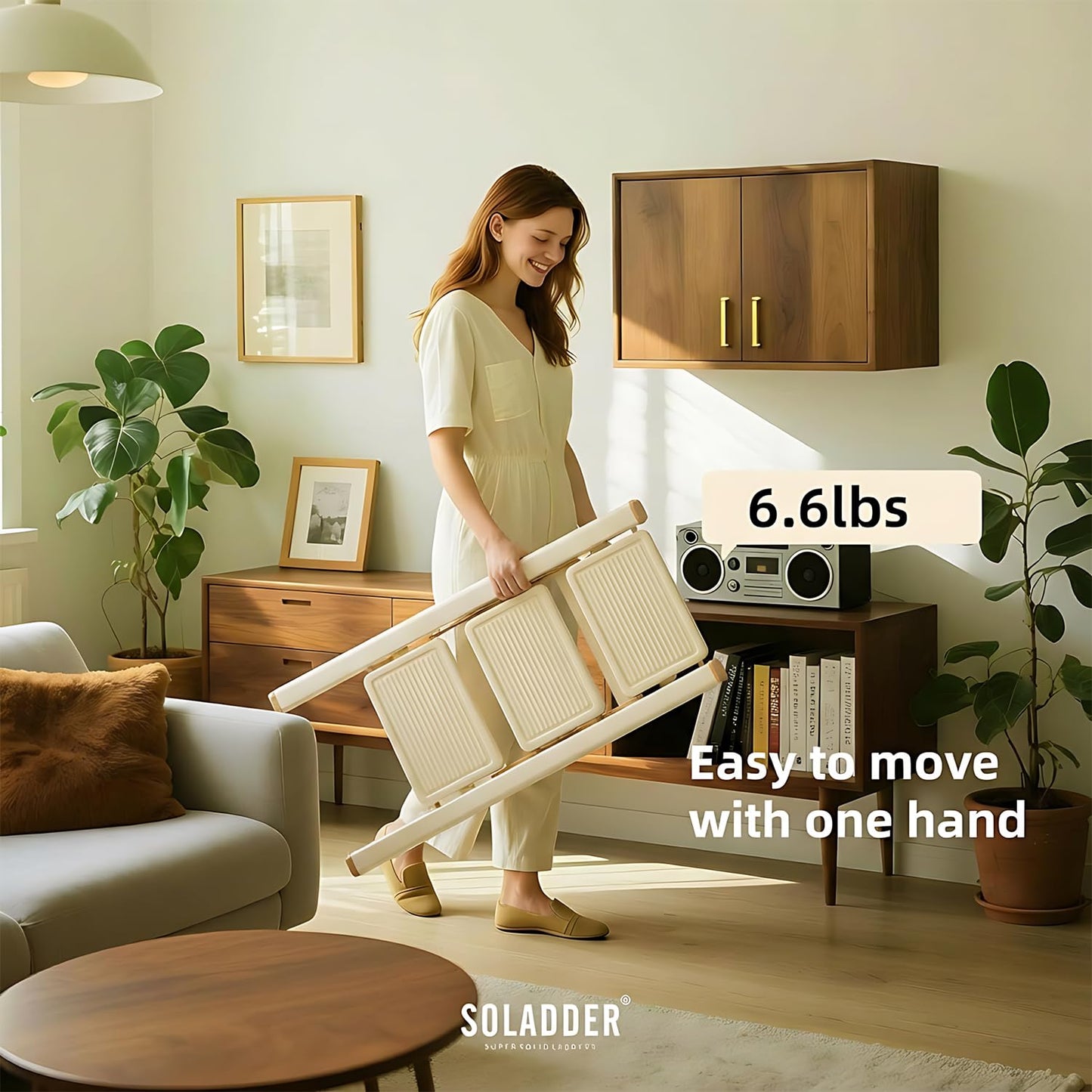 SOLADDER 3 Step Ladder, Anti-Slip and Lightweight Foldable Step Stool for Adults to Use in Kitchen, Closet and Library, 300lbs(Cream Chocalate)