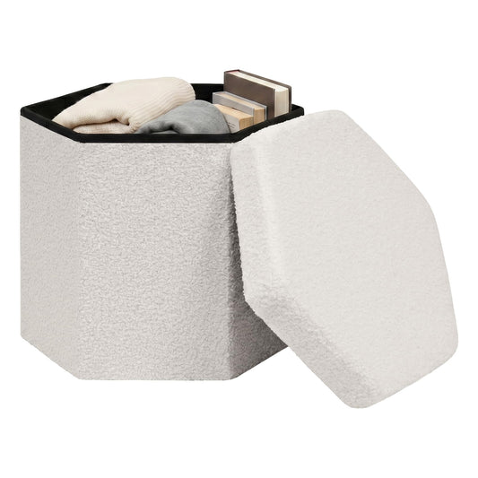 ZOLANOful Hexagon Storage Ottoman, Foldable Boucle Footrest with Hidden Storage, Upholstered Ottoman Footstool for Living Room, Bedroom, Dorm, Entryway, 15 x 16.9 x 15 Inches, White