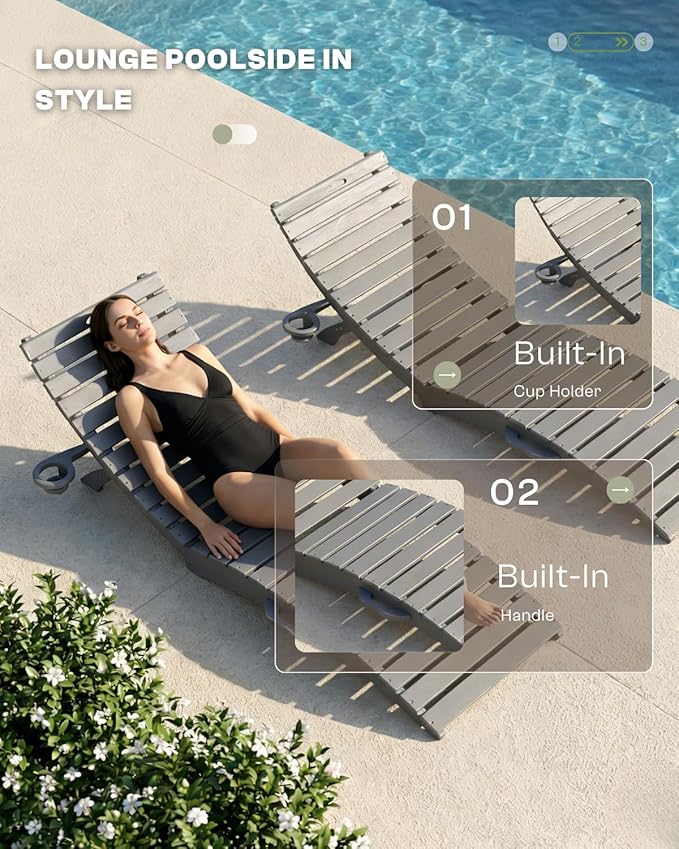 Folding HDPE Pool Lounge Chairs Set of 4, Pre-Assembled Outdoor Chaise Lounge