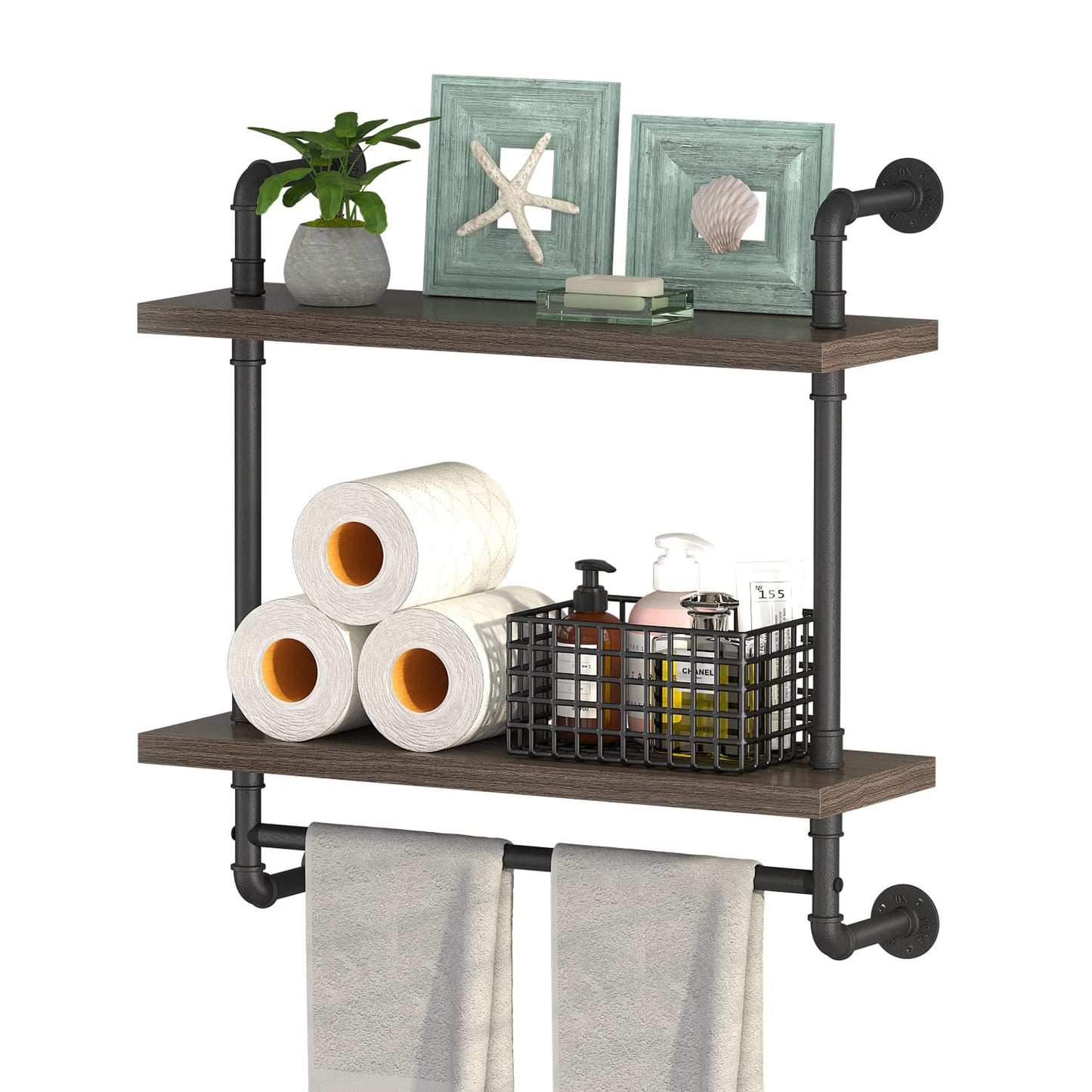 Helsin 2 Tier Wood Floating Shelves Towel Rack, Industrial Pipe Bathroom Shelves Wall Mounted with Towel bar, Wall Display Storage Shelf for Home & Bathroom Decor (Gray, 24inch)