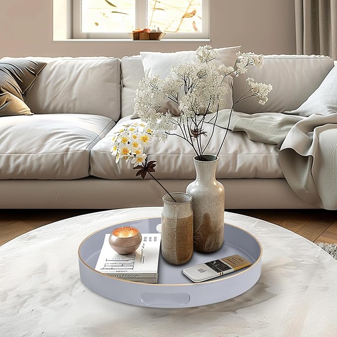 MAONAME 13" Gray Round Tray, Modern Round Decorative Trays