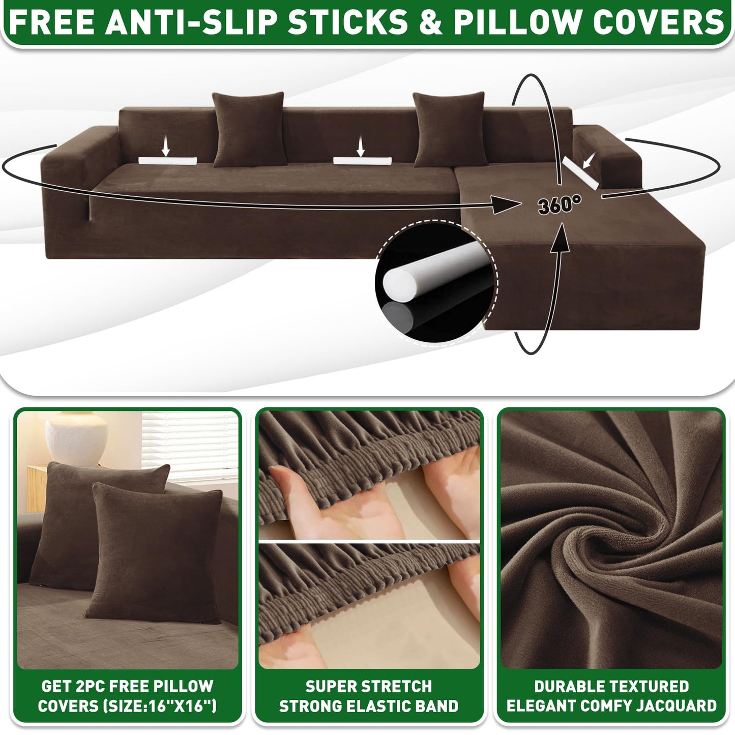 ZNSAYOTX 2026 Soft Velvet Sectional Couch Covers, Luxury Plush Slipcovers with Elastic Bottom for L Shape Sectional Sofa, 2 Pc Pet Friendly Protector (3 Seat Couch + 2 Seat Chaise, Dark Coffee)