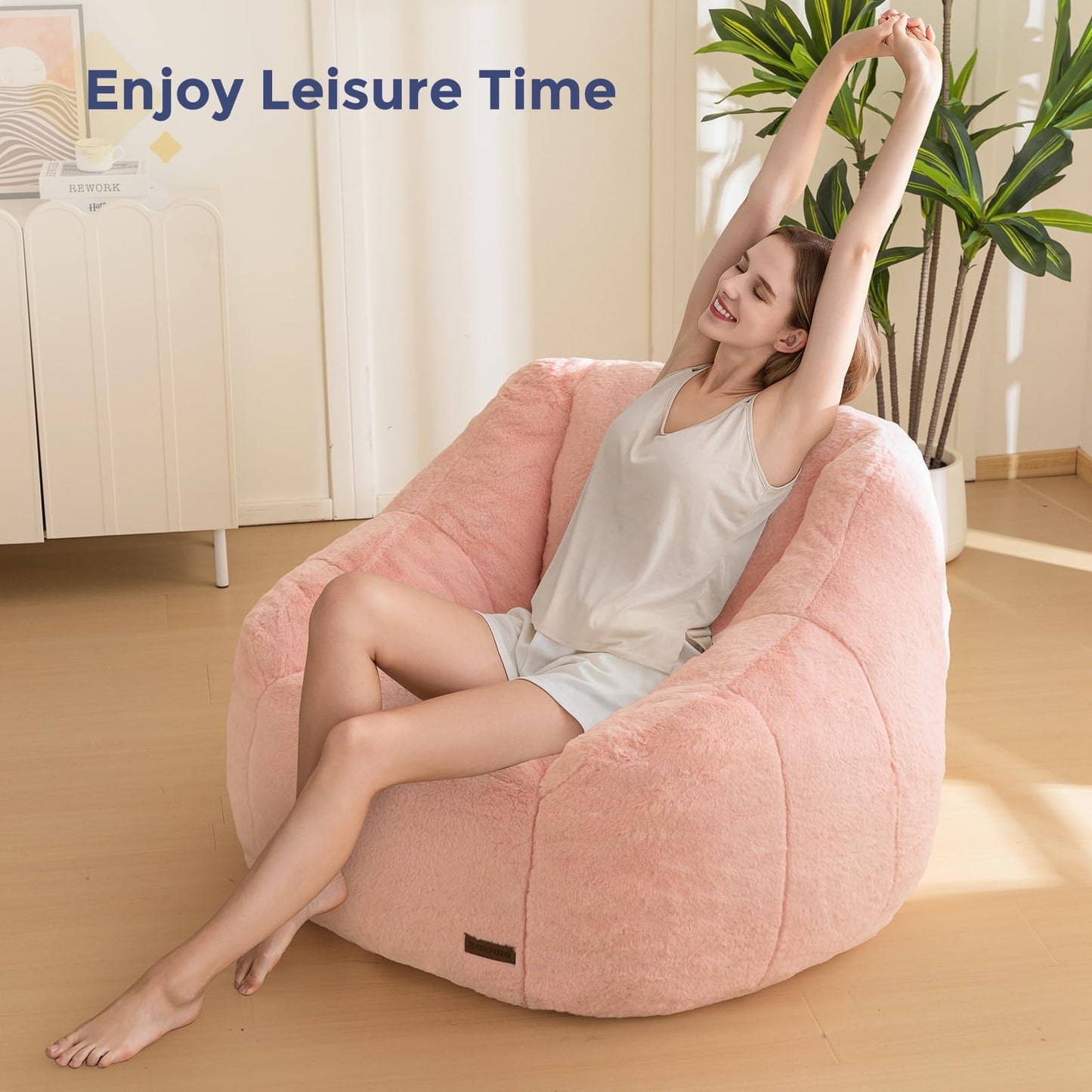 MAXYOYO Bean Bag Chair, Comfy Bean Bag Sofa with Back Support, Faux Fur Bean Bag Chair for Adults and Kids, Stuffed Floor Sofa for Living Room, Bedroom, Apartment, Pink