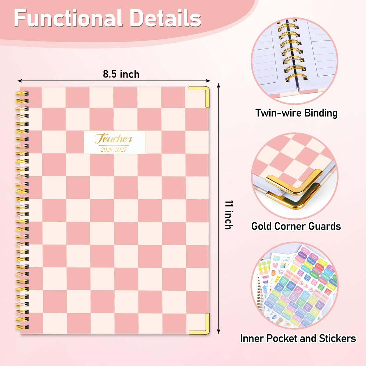Teacher Planner 2026-2027, Jul 2026-Jun 2027 Academic Year, 8.5" x 11" Lesson Planner Book for Teacher Calendar, Spiral Bound Planners, Colorful Monthly Tabs, Planning Stickers, PinkCheckered