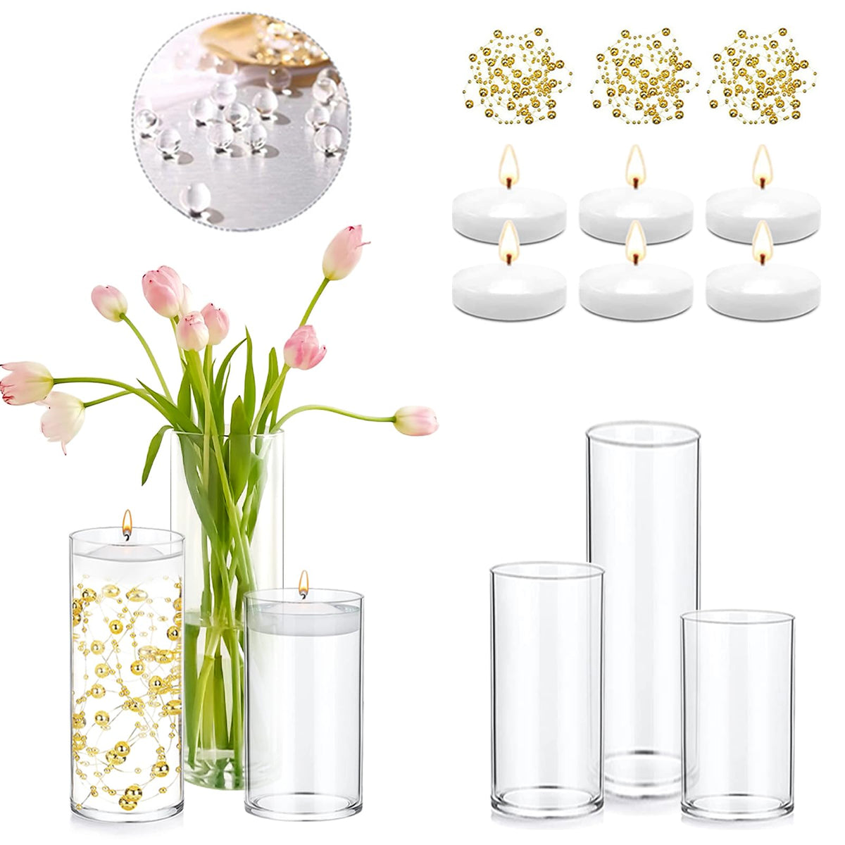 PNJHDZ Set of 3 Glass Cylinder Vases for Centerpieces with 2 Pack Vase Filler 3 Pearl String 6 White Floating Candles for Centerpieces, Table Center Pieces for Wedding Party Home Decor 5, 6, 8 Inch