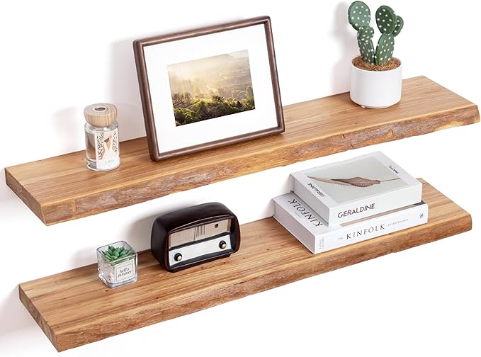 Floating Shelves for Wall Decor, Rustic Solid Elm Wood Live Edge Floating