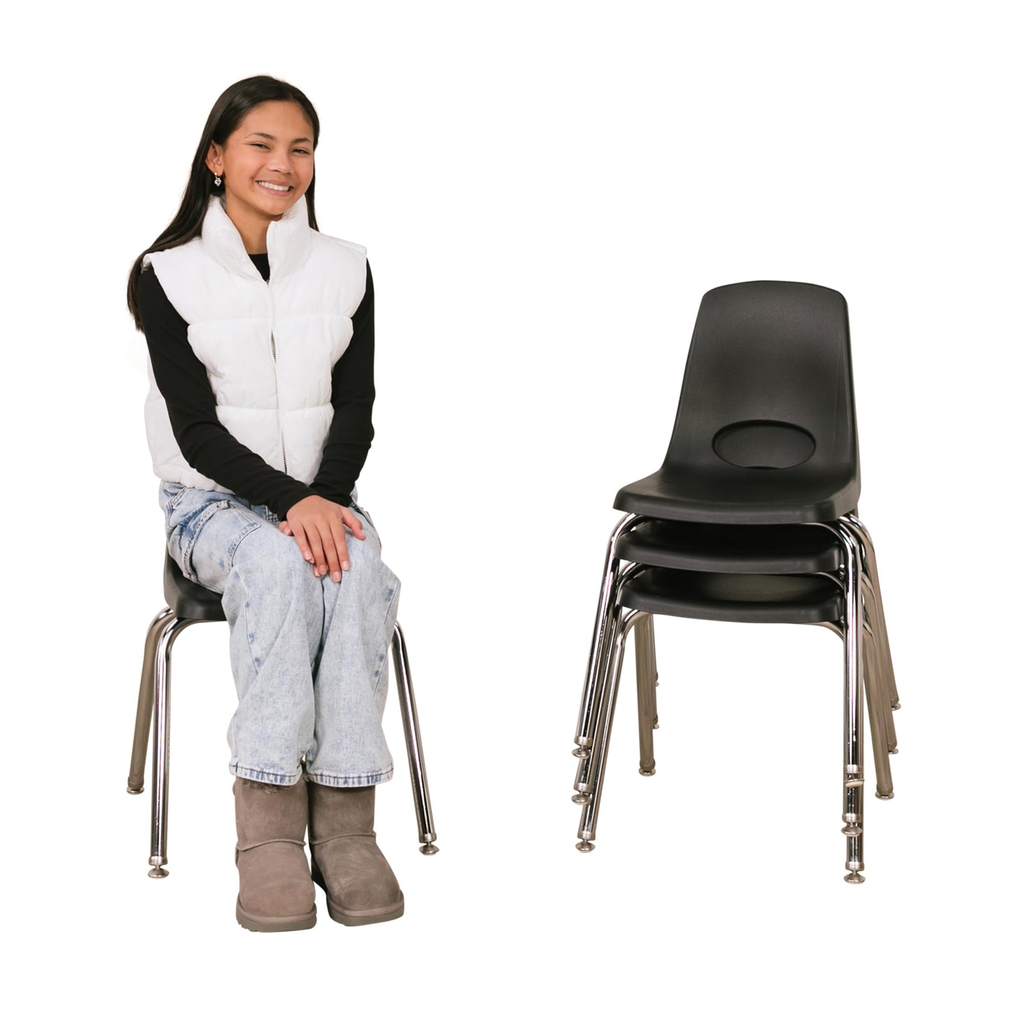 FDP 16" School Stack Chair, Stacking Student Seat with Chromed Steel Legs and Nylon Swivel Glides for in-Home Learning or Classroom - Black (4-Pack), 10383-BK