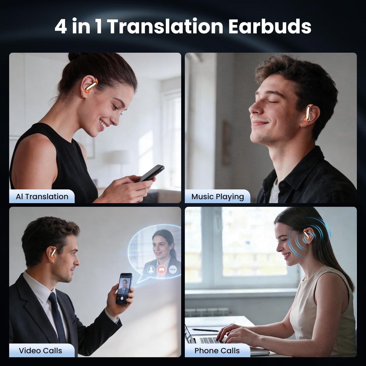 AI Translation Earbuds Real Time 4-in-1 translation headphones 50H Playtime Translating Device Audifonos Traductores Inglés Español Bluetooth 6.0 Headphones for Face-to-Face & Travel Business Orange
