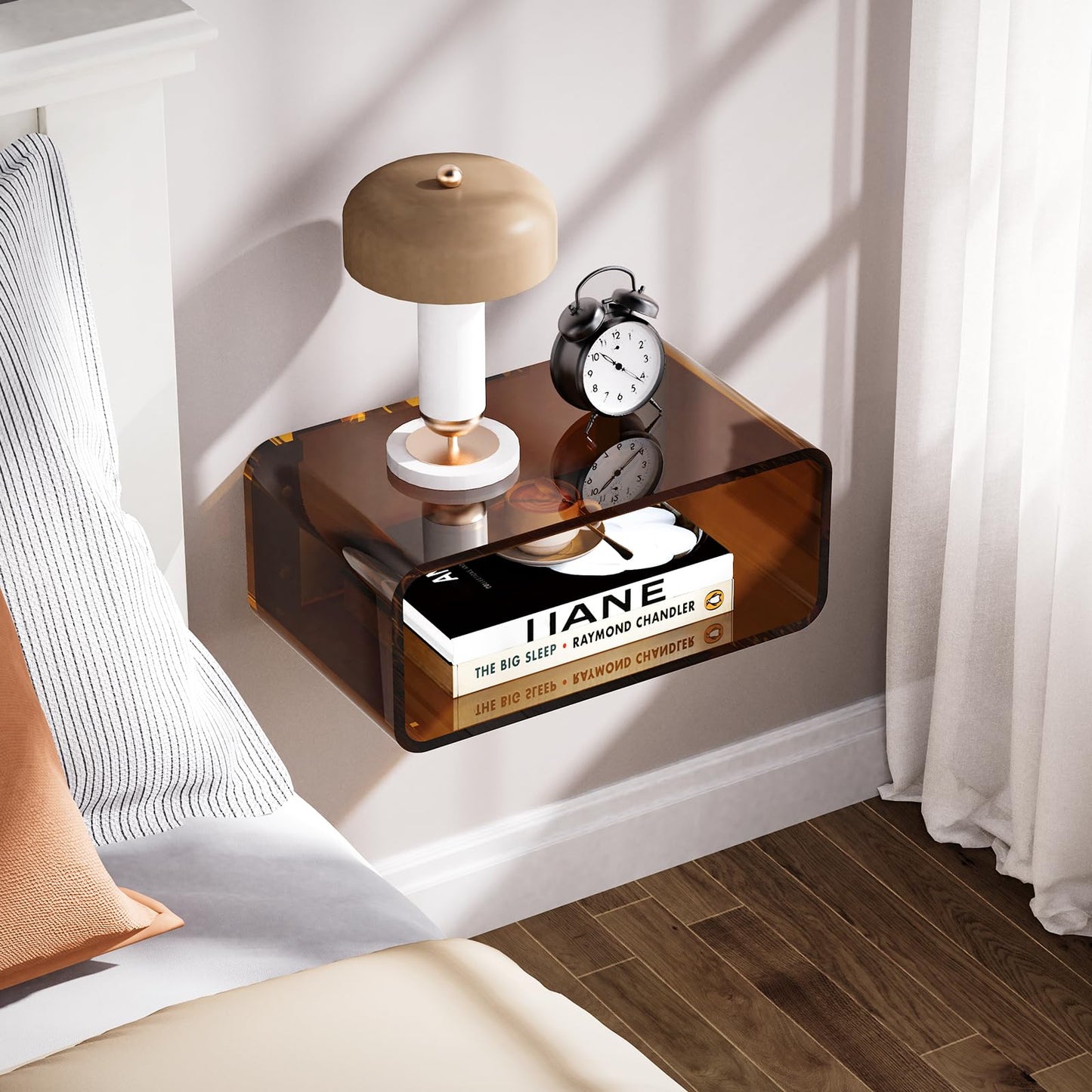Acrylic Floating Nightstand, Bedside Table, Nightstand Shelf Wall Mounted Bedside Shelf (Dark Brown, Small)