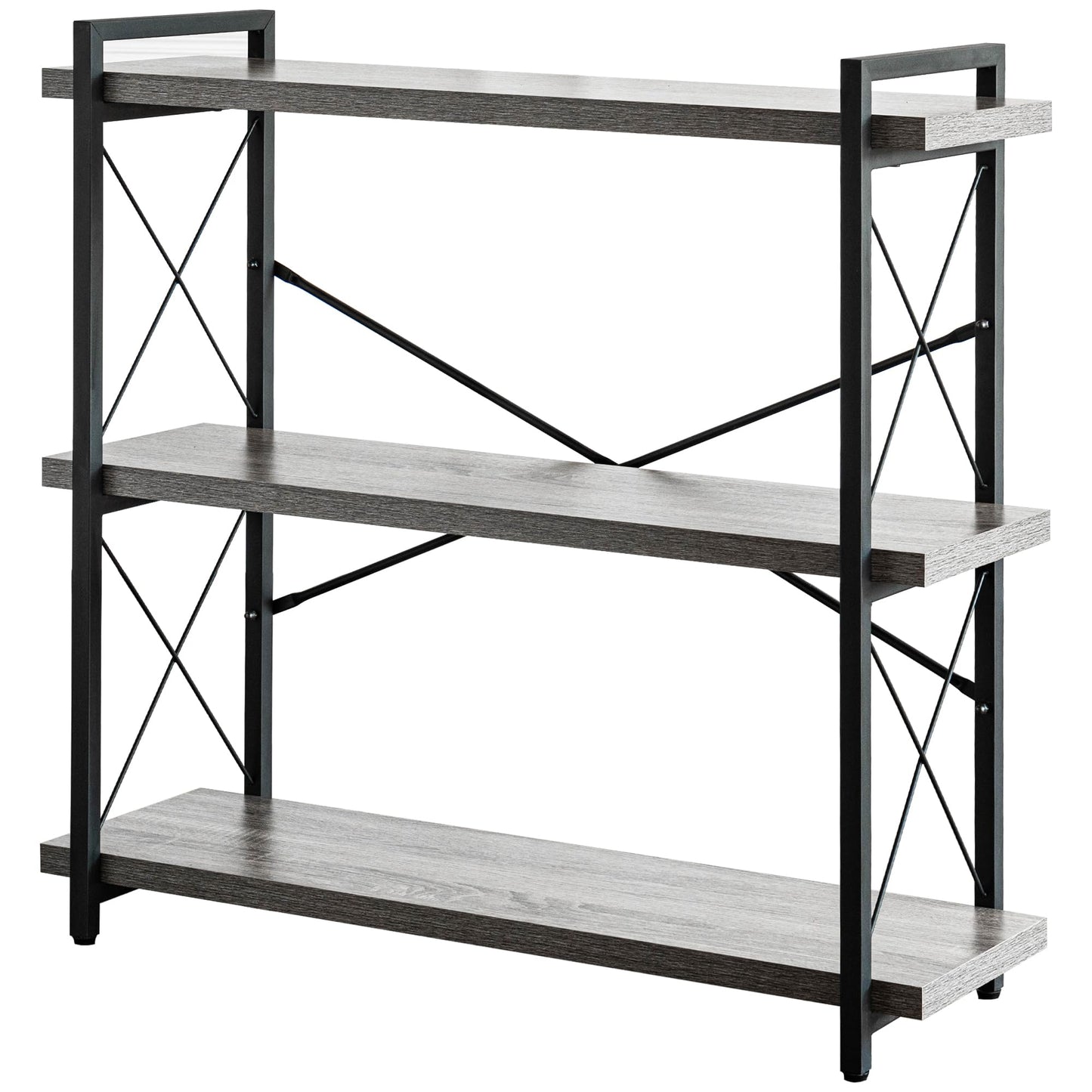 HCHQHS Bookshelf, 3-Tier Industrial Bookcase, Rustic Open Book Shelf, Freestanding Horizontal Bookshelves with Metal Frame