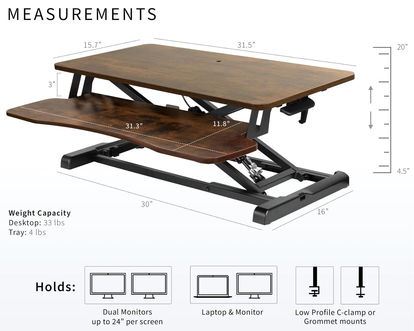 VIVO 32 inch Desk Converter, K Series, Height Adjustable Sit to Stand Riser, Dual Monitor and Laptop Workstation with Wide Keyboard Tray, Vintage Brown Top, Black Frame, DESK-V000KN