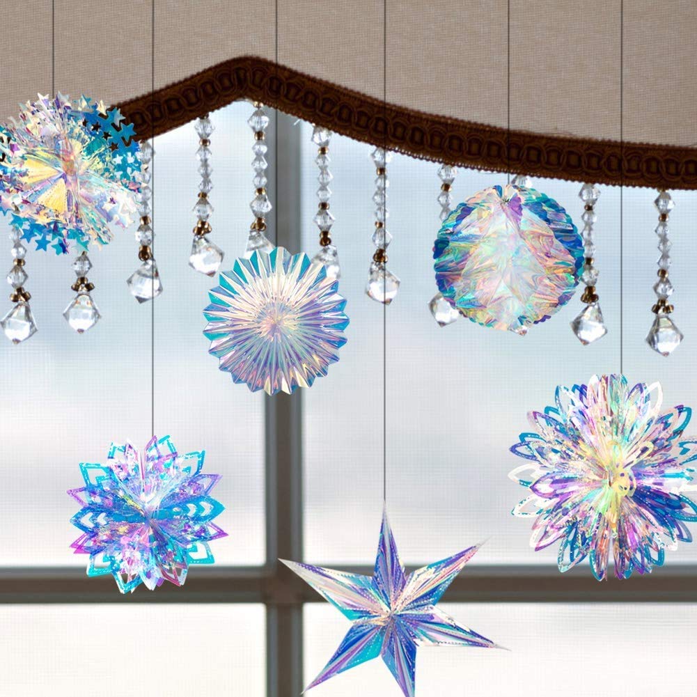 Hanging Decorations Shiny Iridescent Folding Snowflake Fans Rainbow Shine for/Birthday/Christmastree/New Year/Baby Shower/Wedding Party/Shopwindow Supplies (3pcs Fan)