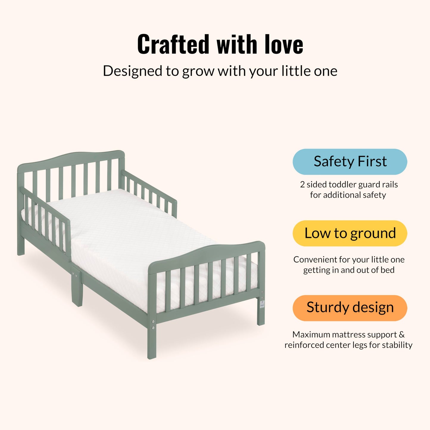 Dream On Me Classic Design Toddler Bed, Safety Rails, GREENGUARD Gold, Meadow Green