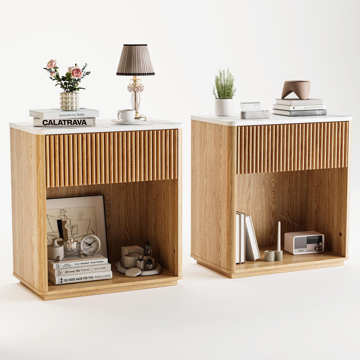 Cychuily Modern Fluted Nightstand Set of 2 for Bedroom, Mid Century Bedside Table Set with Marble Top & Drawer, Wood End Table, 2 Farmhouse Night Stands for Guest Room, Hallway, Oak
