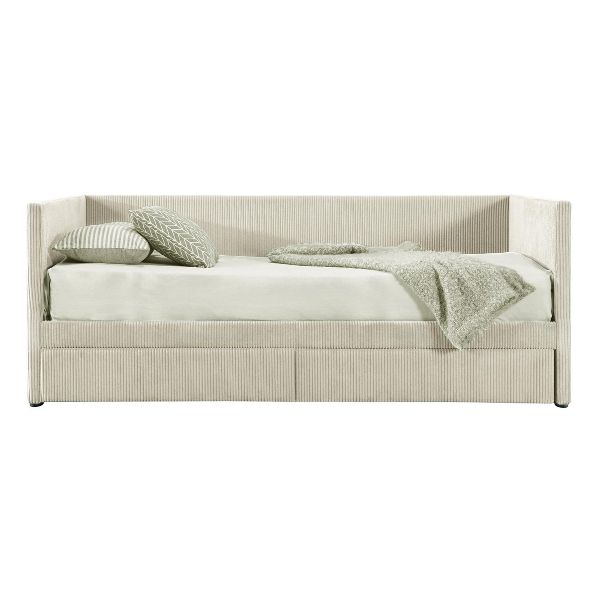 Merax Twin Size Corduroy Daybed with Two Drawers and Wood Slat,Sofa Bed Frame for Bedroom,Teens,Beige