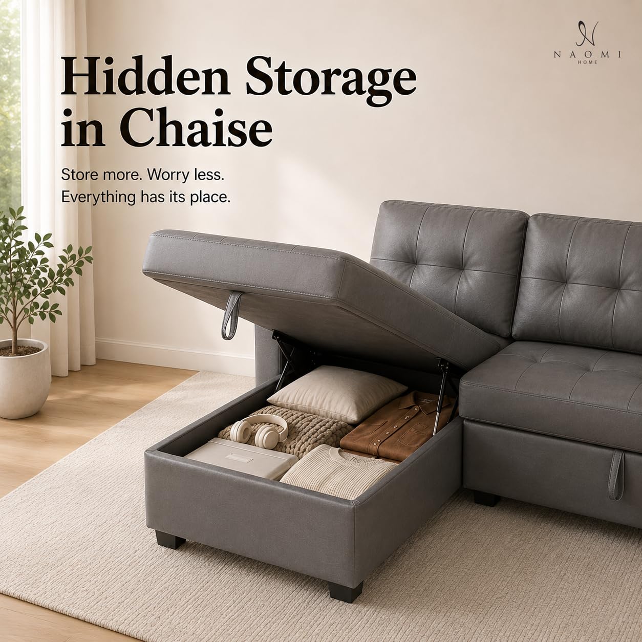 Naomi Home L Shaped Sectional Couch with Storage & Pull Out Bed – 3-in-1 Convertible Sleeper Sofa Bed, Small L Shape Sofa for Living Room, Sofa Bed with Storage Chaise in Gray, Air Leather