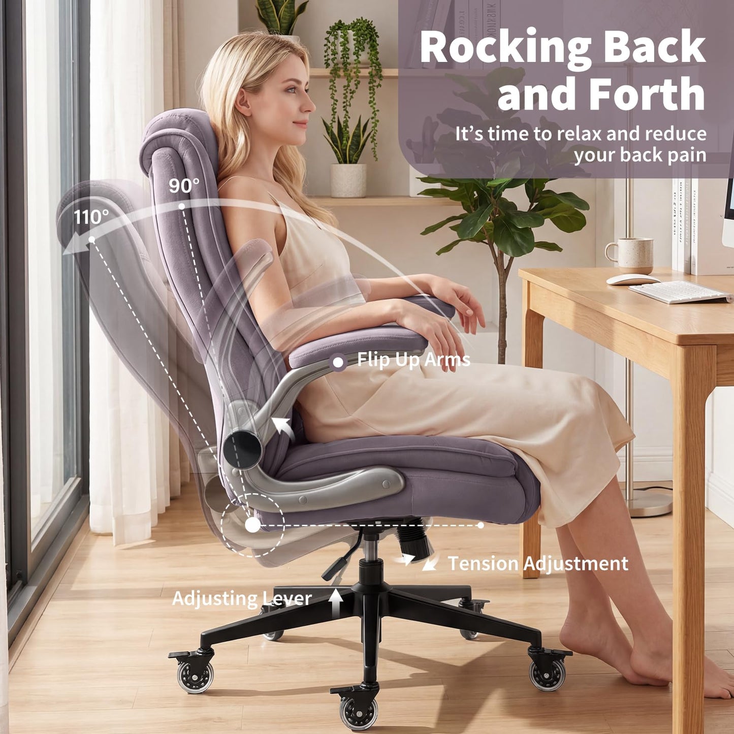 Fabric High Back Office Chair with Lockable Quiet Casters, Ergonomic Adjustable Lumbar Support & Flip-Up Arms, Reinforced Metal Base, Executive Desk Chair for All-Day Comfort, 400LBS Capacity
