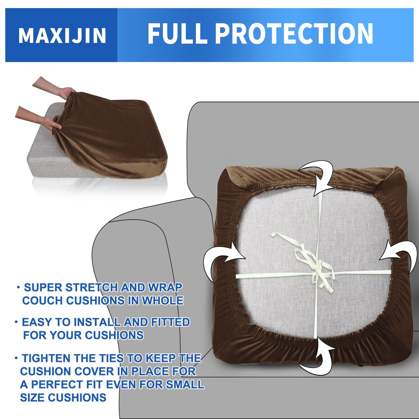 MAXIJIN Velvet Stretch Cushion Cover Fitted Couch Cushion Slipcovers 1 Pack Arm Chair Seat Cushion Cover for Individual Cushion Sofa Chair with Elastic Bottom (Chair Cushion, Dark Coffee)