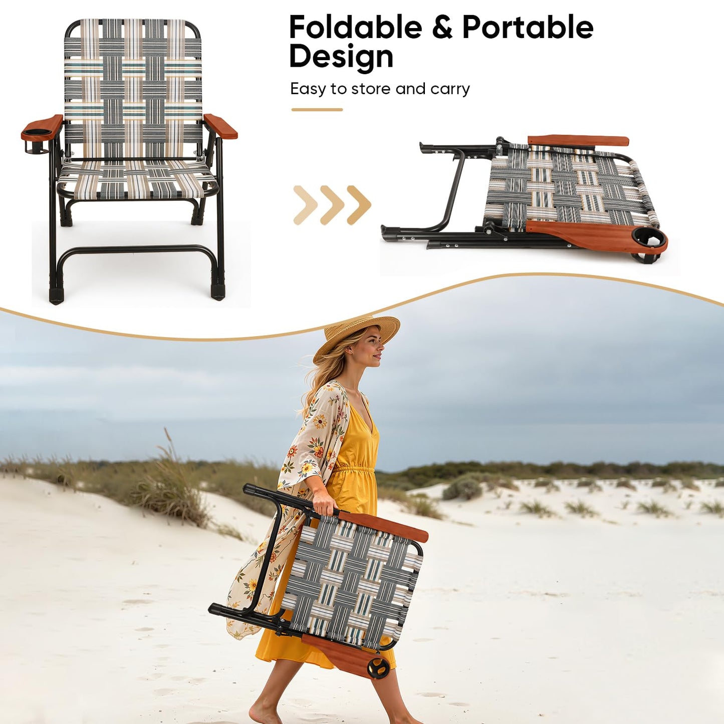 Chiyhshaa Folding Lawn Chair, Portable Camping Chair with Steel Frame, Woven Fabric and Wooden Armrests, Webbed Patio Dinning Chair for Yard Camping Poolside Beach