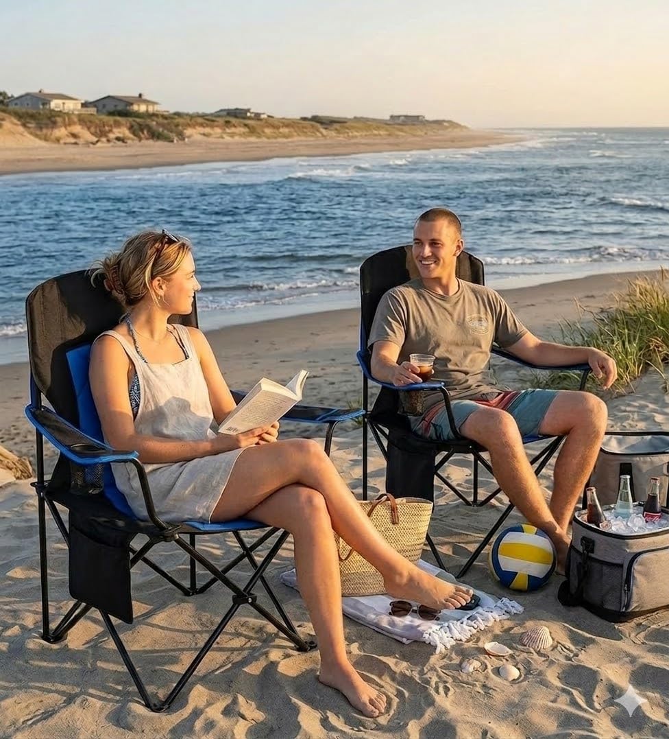 FAIR WIND Camping Chair 2 Pack 400 LBS Capacity Fully Padded Portable Chair with Side Pocket & Cup Holder, Heavy Duty Lawn Chair for Outside, Tailgating,Beach, Sports