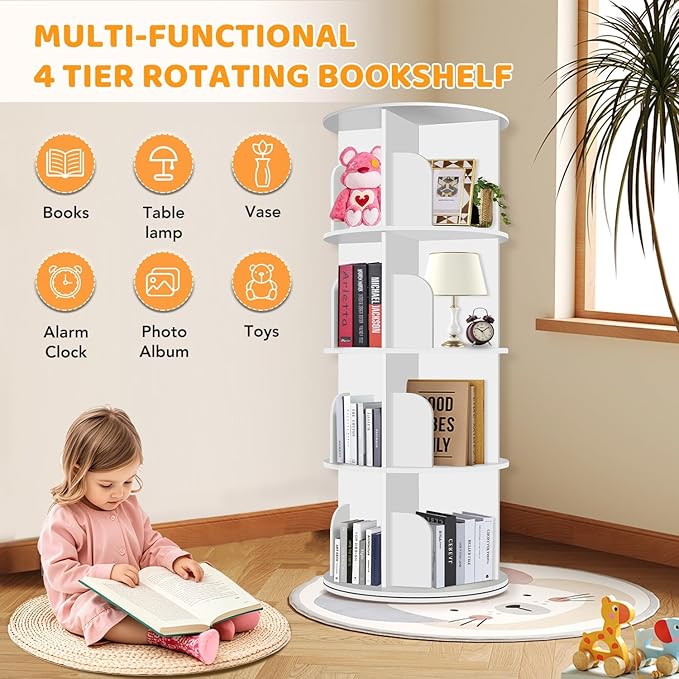RUNSUNSPRI 4 Tier Rotating Bookshelf Tower, Spinning Bookshelf, Revolving 360°