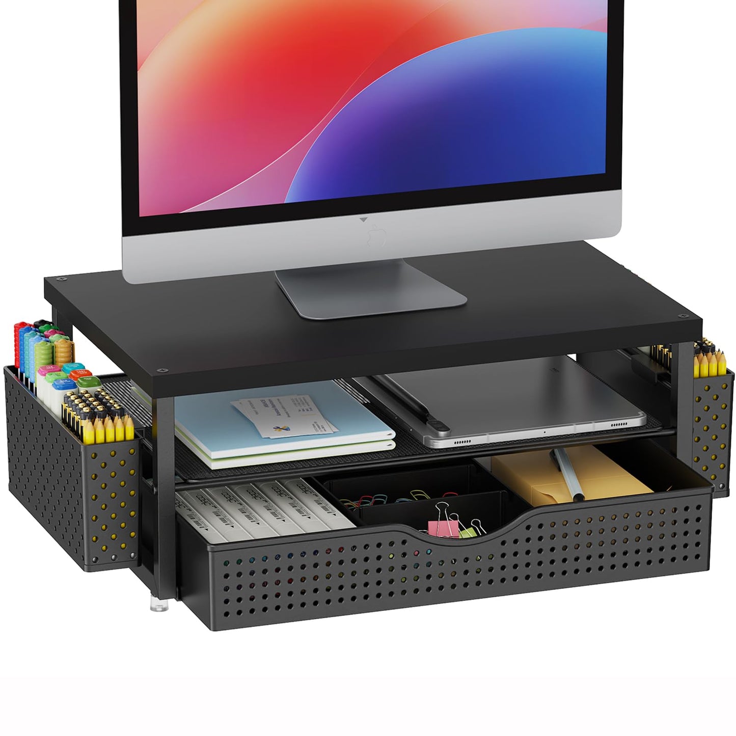 gianotter Monitor Stand Riser, Office Desk Shelf Organizer, Desk Organizer with Drawer and Pen Holder, 2-Tier Computer Stand, Office Organization (Ink)