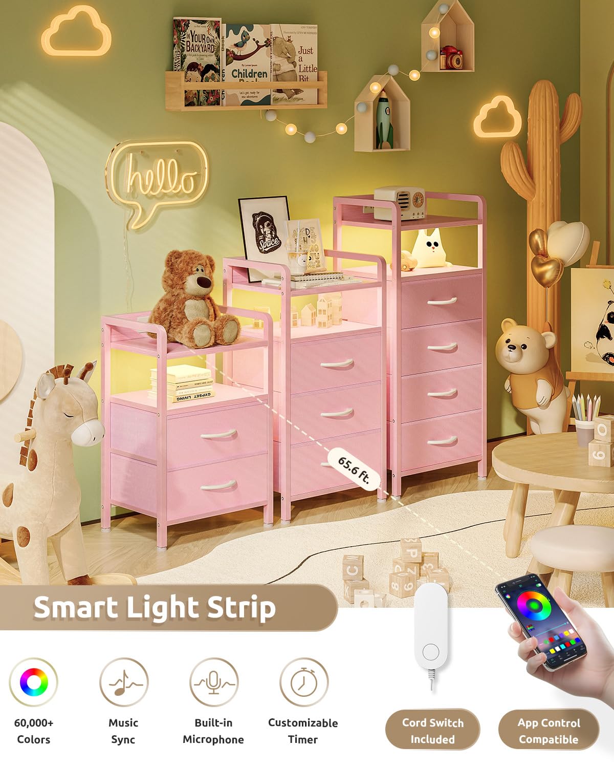 Lazzanto Night Stand Bedside Charger Bedroom - Nightstand with Charging Station & LED Light Strip, Night Stand with Storage Shelf & 2 Fabric Drawers, Morden End Table with USB Ports&AC Outlets,Pink