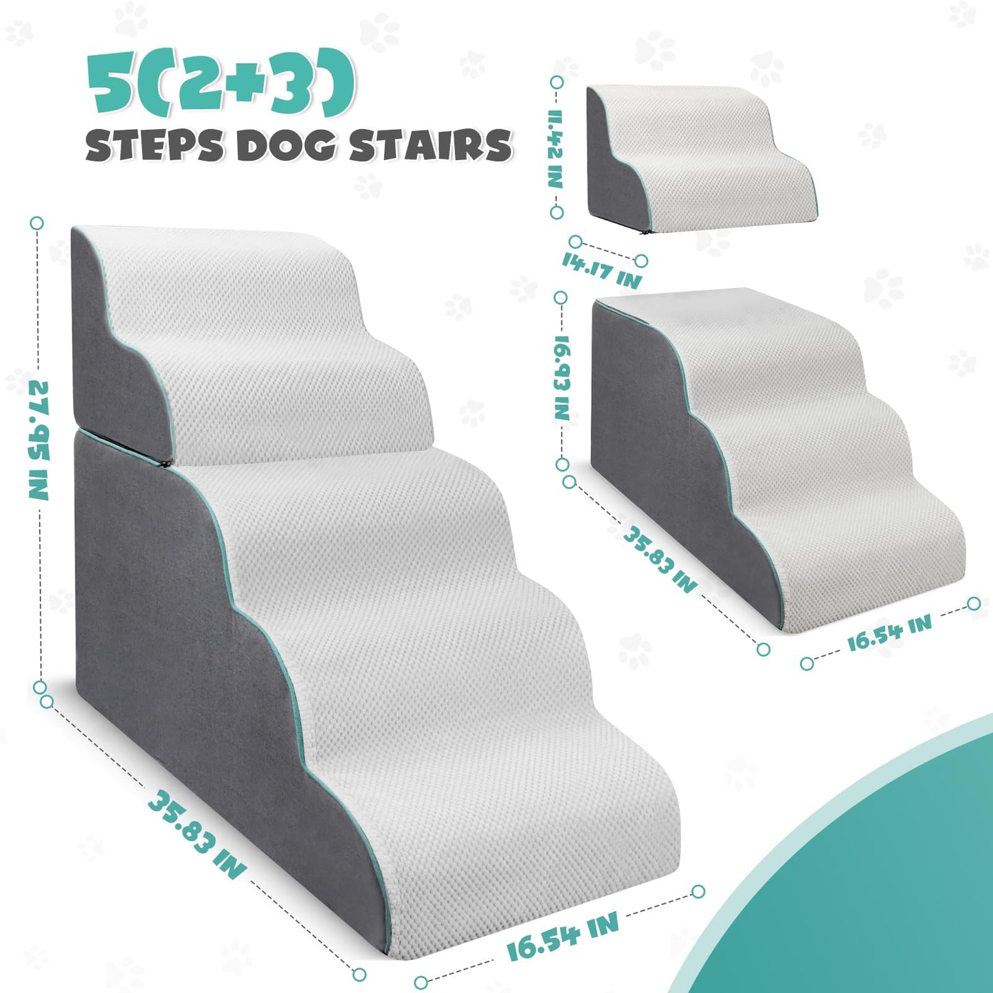 DAORDAER Dog Stairs for High Bed, 27.9 Inch Height 5-Step,Foldable Pet Stairs for Small Dogs and Older Pets,Curved 2 in 1 with Zippers Non-Slip Balanced Pet Ramp,Grey