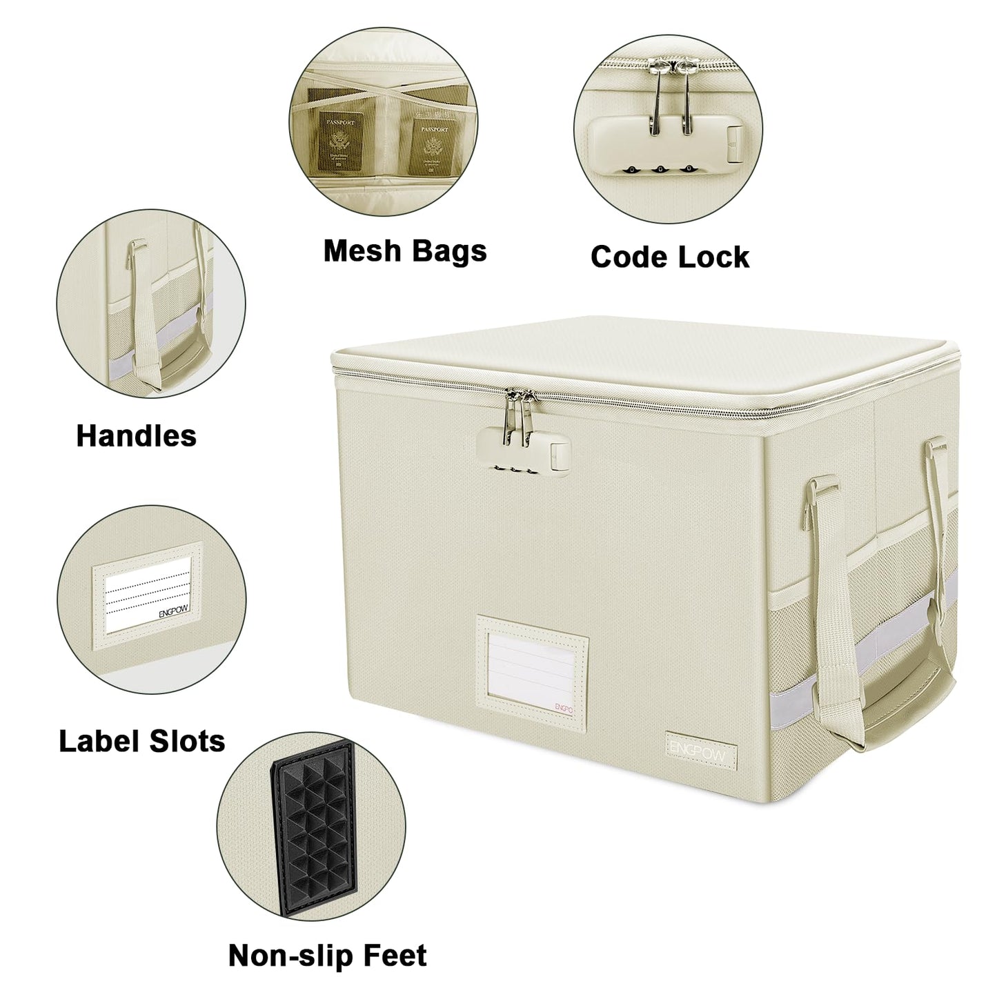 ENGPOW File Box with Lock, Fireproof Document Box with Zipper Lid, Collapsible File Storage Organizer Filing Cabinet with Handles, Portable Home Office Safe for Hanging Letter/Legal Folders, Beige