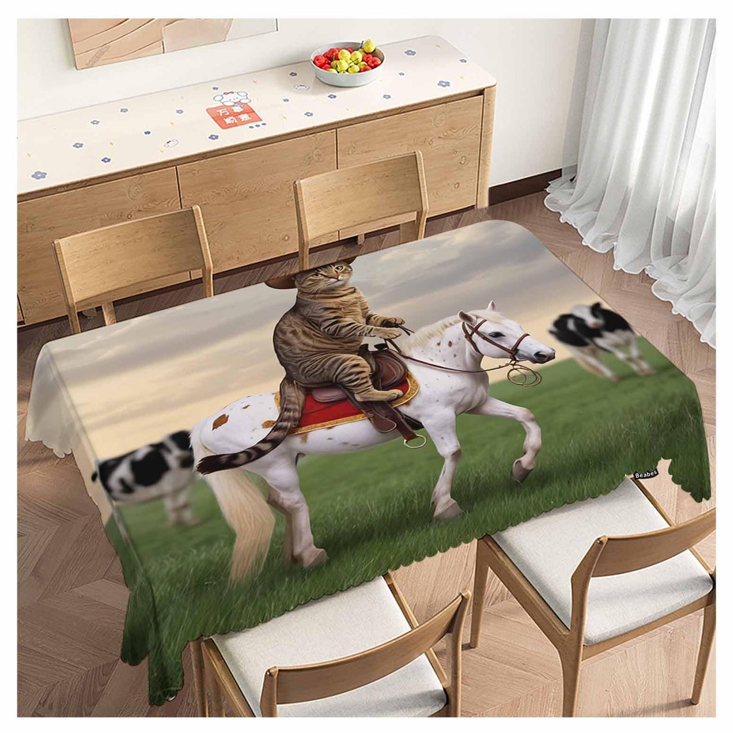 Beabes Cat Cowboy Kitchen Tablecloth Funny Cat On Horse Farm Cows Indoor Outdoor Table Cover Anti-Oil Table Cloths for Wedding Banquet Dinner Tablecloths, 52x70 Inch(4-6 Seats)