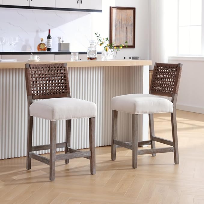 27-Inch Midcentury Modern Counter Stools, Wooden Wicker Stool Chairs