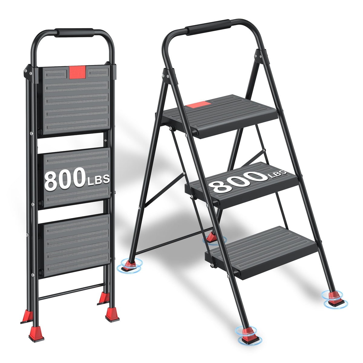 Foldable Step Ladder Folding Stool - 800Lbs Heavy Duty with Handrails for Home Adults Kitchen 3 Stepping Extension Tall - Indoor House Closet Stepstool Stair Ladders Extendable Stepladder