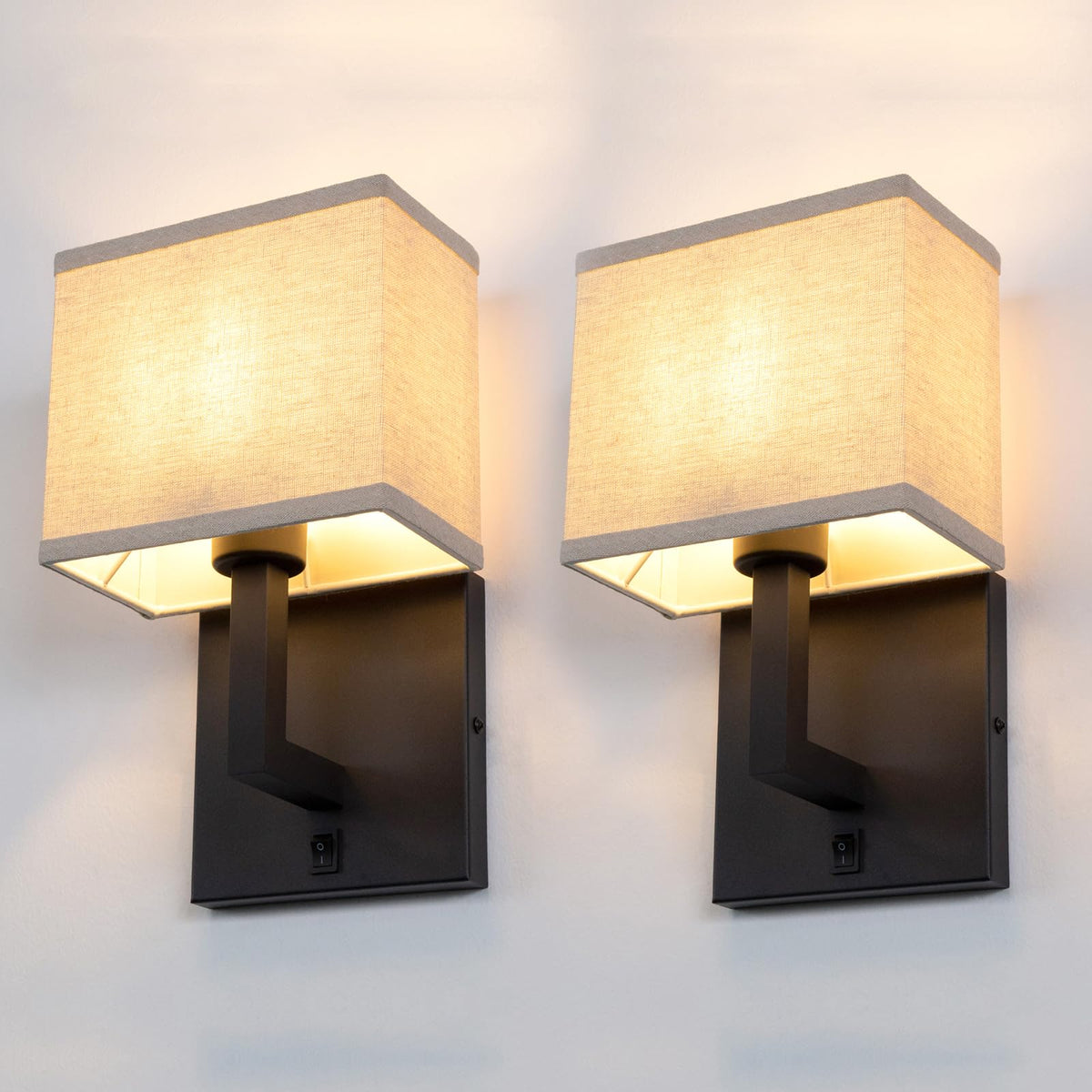 Yosoan Set of 2 Linen Boho Fabric Wall Sconce with On Off Switch, Vanity Retro Hardwired Indoor Vintage Industrial Wall Mount Lamp Fixture Lighting for Bedside Living Room Stairwell Hallway(Black)