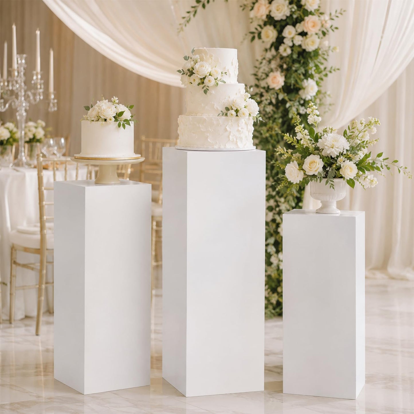 SwallowLiving 3PCS Metal White Display Pedestal Stand for Parties, Square Tall Pedestal Cake Stands Pillars for Wedding, Sculpture Display Stand Column Decoration