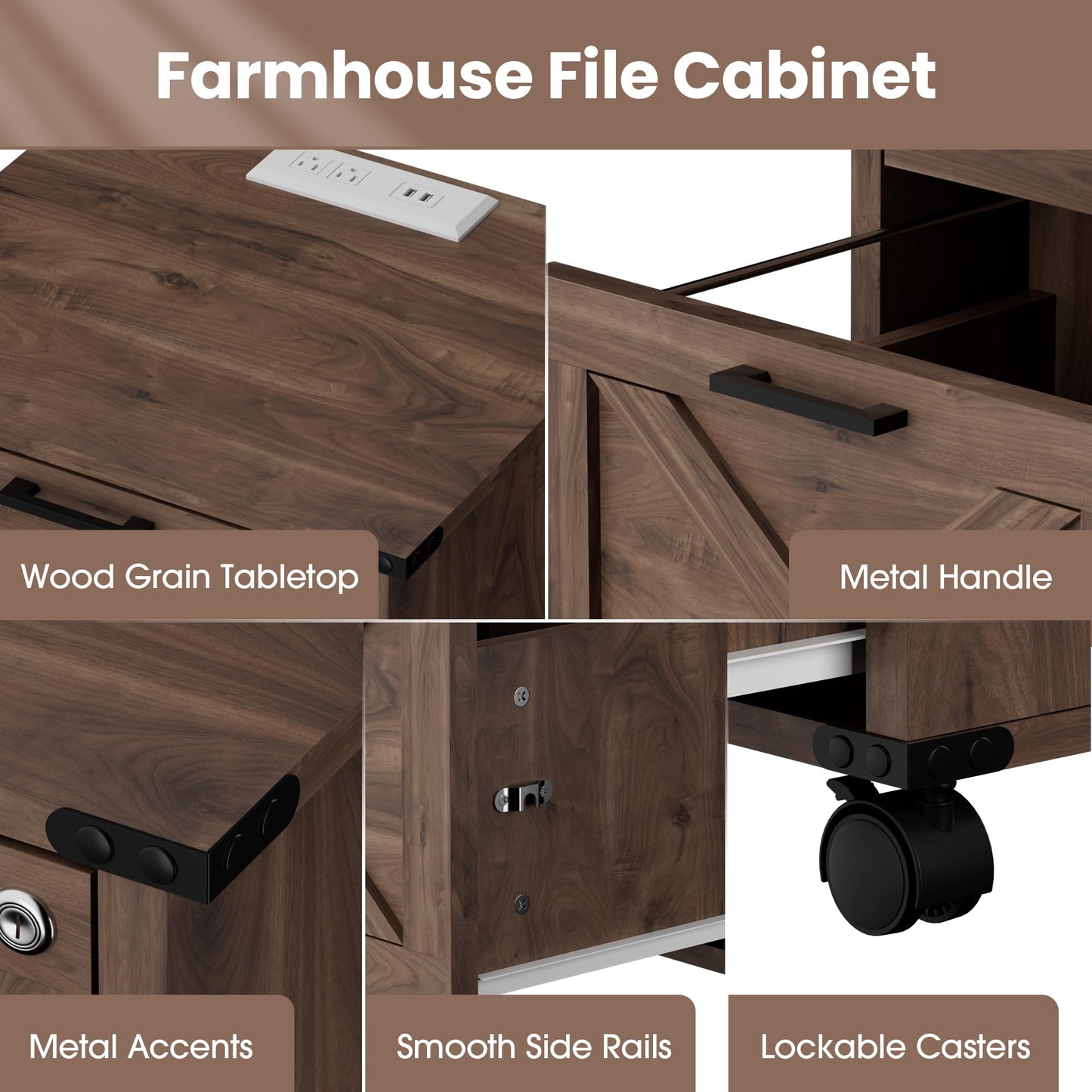 Onelike Small Wood File Cabinet with Lock, Nightstand with Charging Station, 3 Drawer Under Desk Lateral Filing Cabinets for Home Office, Printer Stand with Storage, Brown
