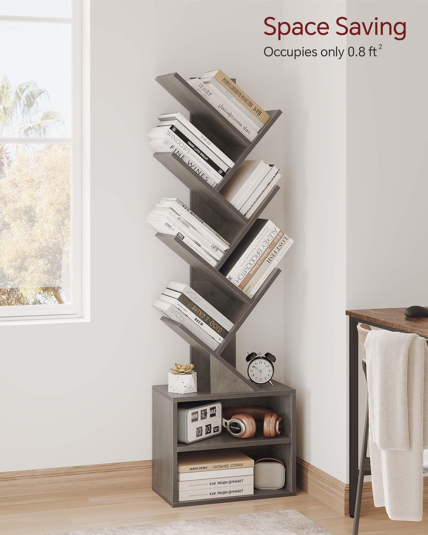 SUNMORY 6 Tier Tree Bookshelf, Tall Bookcase with Storage Cabinet, Modern Narrow Bookshelves Organizer, Floor Standing Book Shelf for Bedroom/Living Room/Home Office/Corner, Grey
