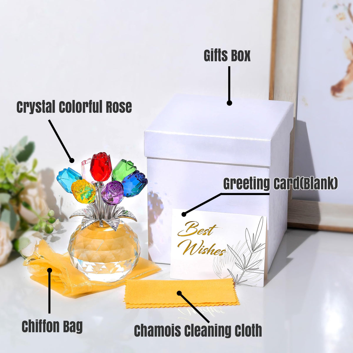 Ornalrist Crystal Colorful Rose Flower Collectible Figurine with Vase, Rose Bouquet Floral Romantic Gifts for Wife Mom Women on Mother's Day Valentine's Anniversary Christmas (5.11'' Gift Boxed)