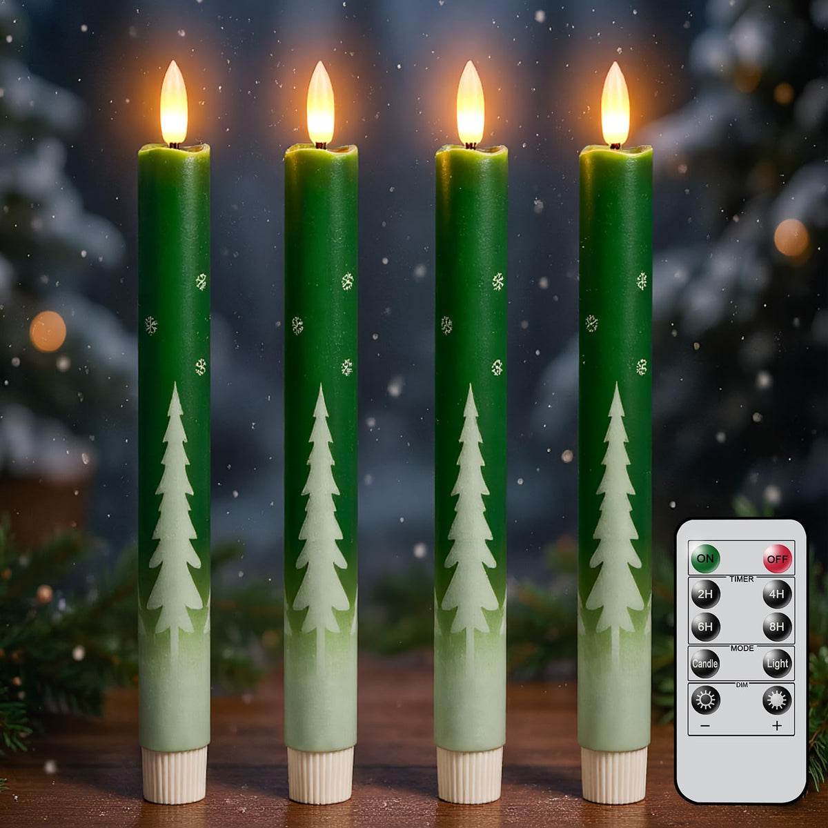 KunSwenn Christmas Tree Candles, Waxy LED Flamless Taper Candles with Remote Timer, Green Flameless Candlesticks with Tree Decals for Christmas Home Holiday Decorations(Set of 4, 0.78”x9.6”)