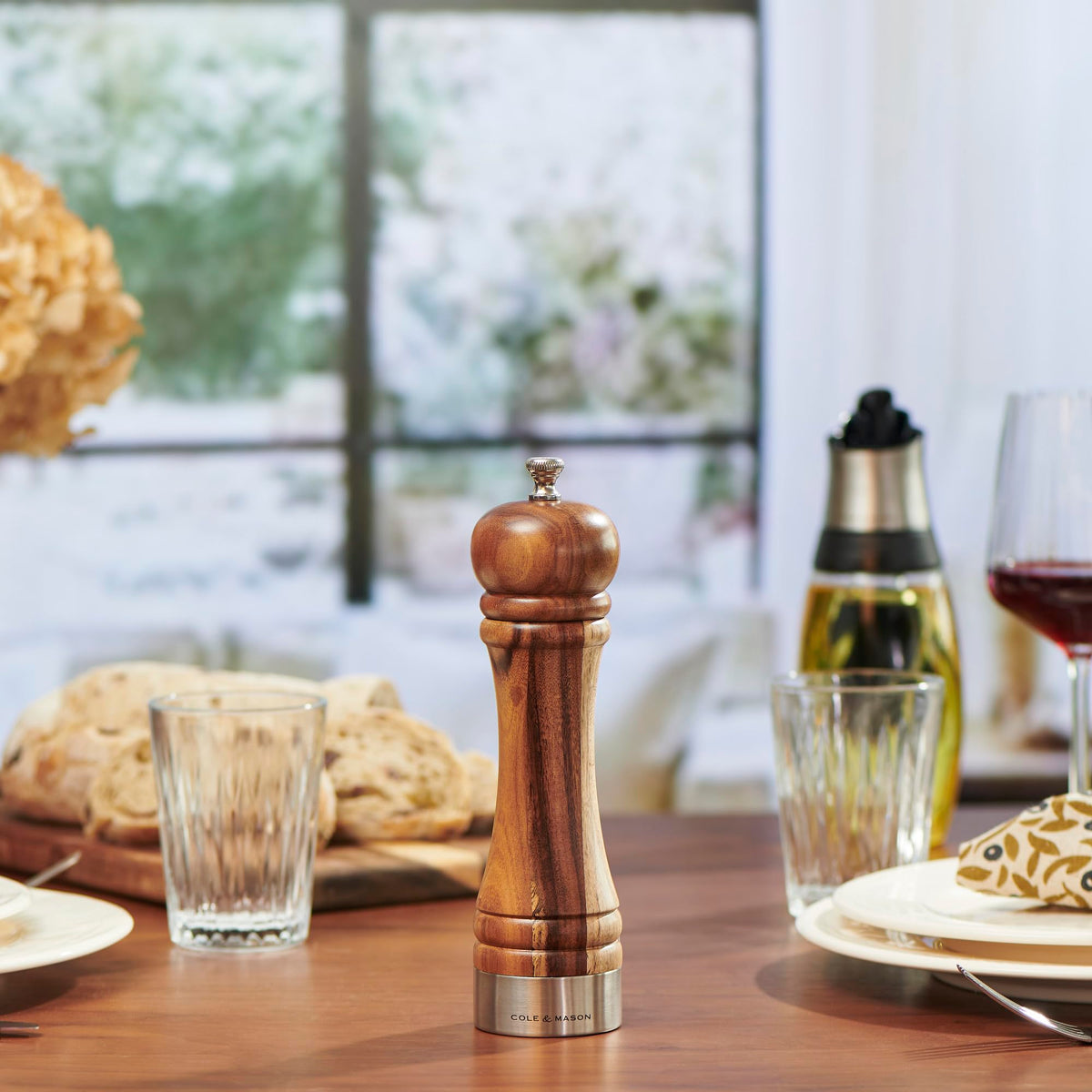 Cole & Mason Camden Acacia Salt & Pepper Mill - Dual-Use Grinder - Interchangeable Knobs - Adjustable Fine-to-Coarse Grind - Stylish Acacia Wood Kitchen Tool - 8 Inch