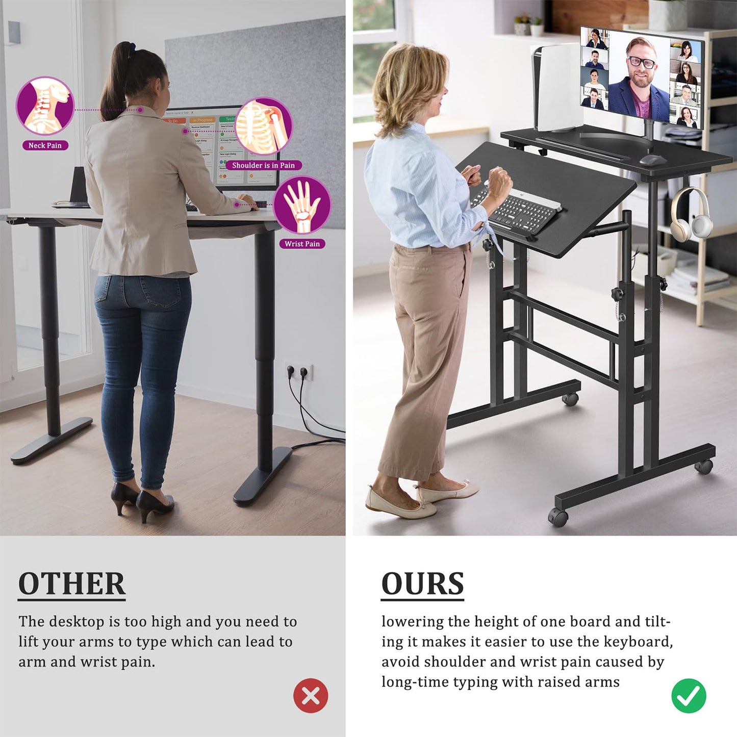 Enayplon Small Standing Desk with Wheels, Mobile Stand Up Desk, Portable Standing Table on Wheels for Walking Pad, Rolling Computer Desk Adjustable Height, Tall Table