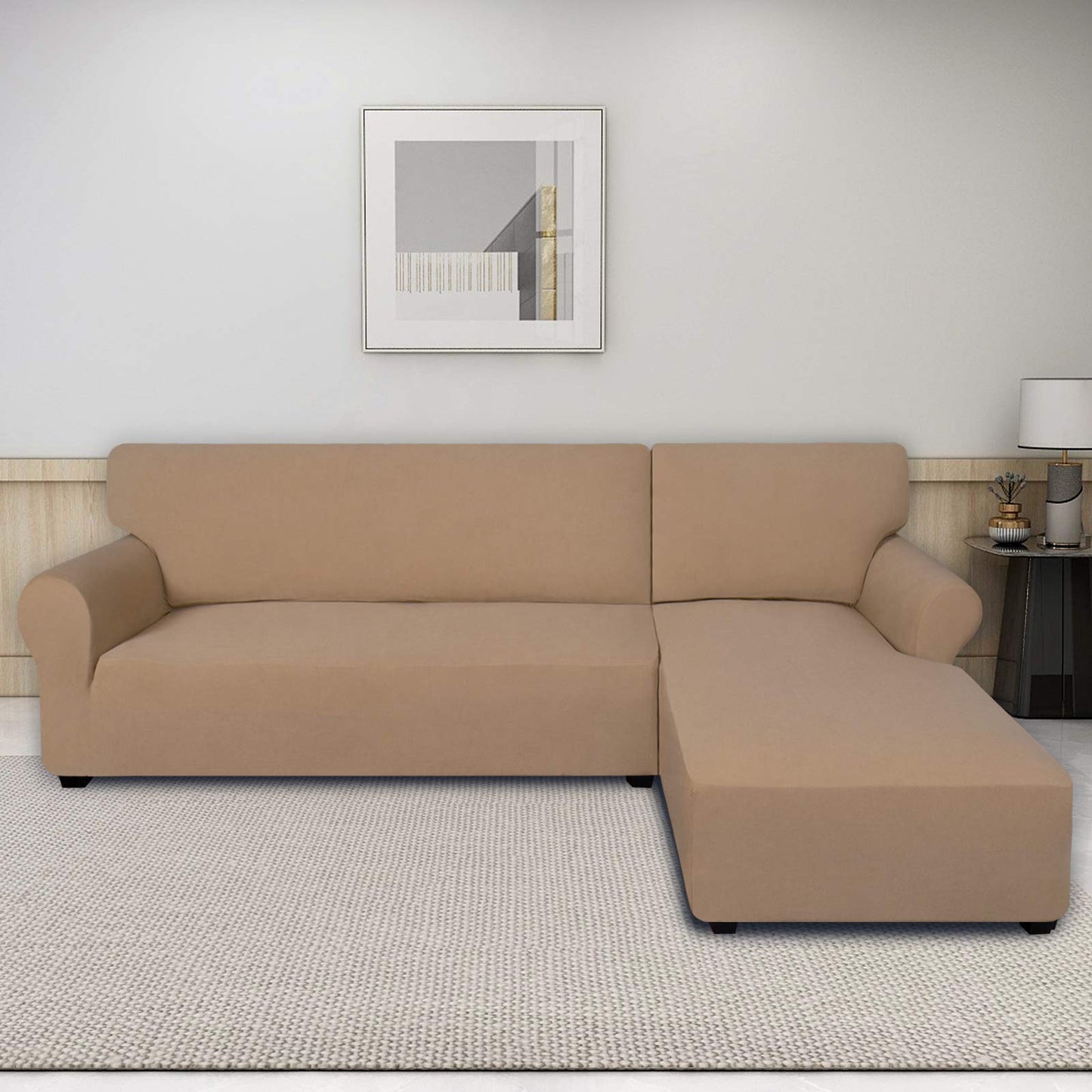 PureFit Super Stretch Sectional Couch Covers - 2 pcs Spandex Non Slip Sofa Covers with Elastic Bottom for L Shape Sectional Sofa Couch, Great for Kids & Pets (3 Seat Sofa + 3 Seat Chaise, Camel)