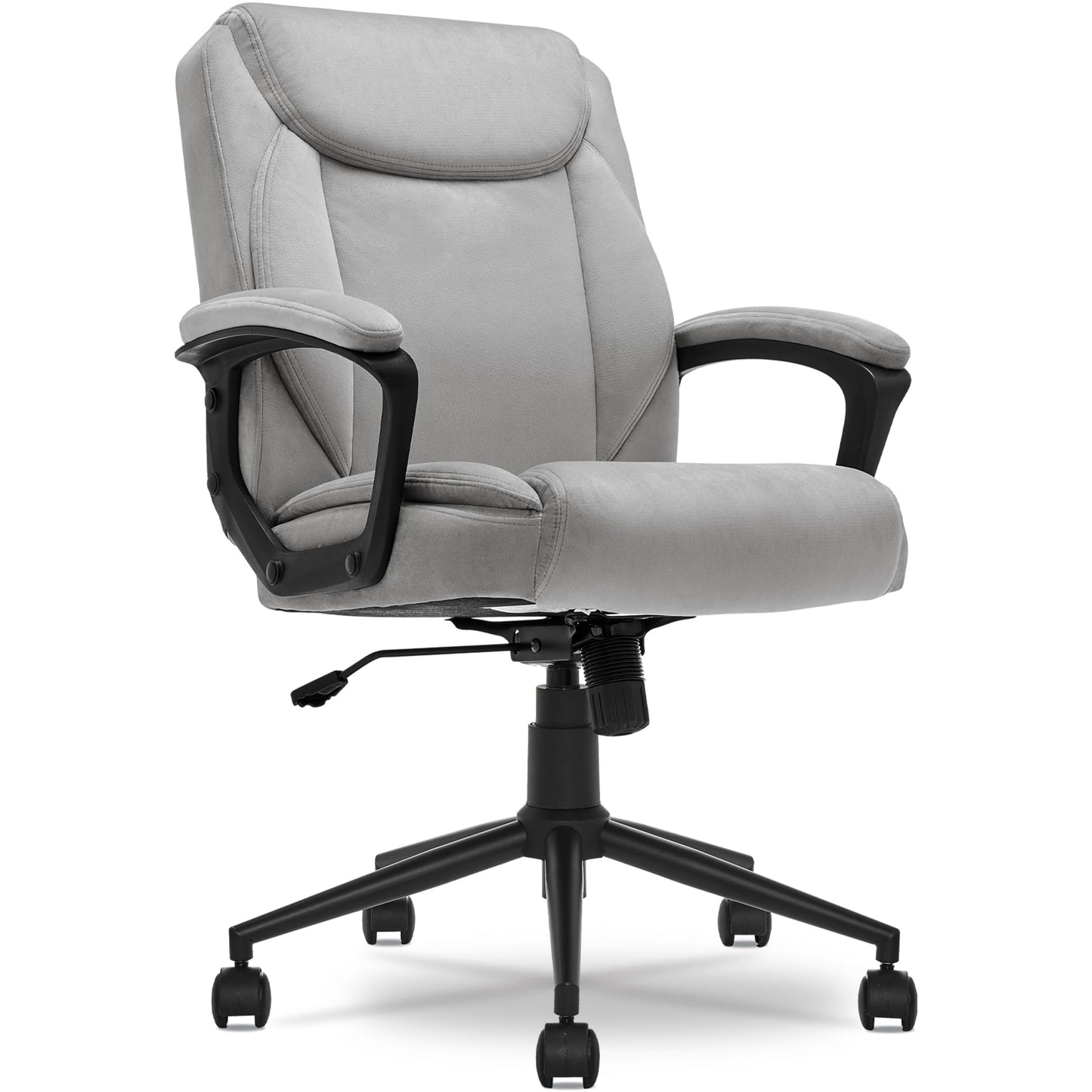 Click365 Transform 1.0 Ergonomic Office Chair, Mid Back Desk Chair with Padded Arms, Lumbar Support, Adjustable Height, Tilt Recline, Swivel Computer Chair, Fabric, Light Grey