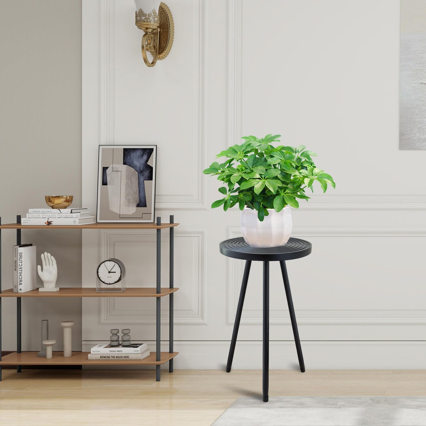 Lawn Social Tall Plant Stand Indoor, 20" Mid Century Modern Plant Table, Wood & Metal Plant Holder for Flower Pots, Round Small Side Table for Living Room Bedroom Balcony Decor, Black (11.4"x20")