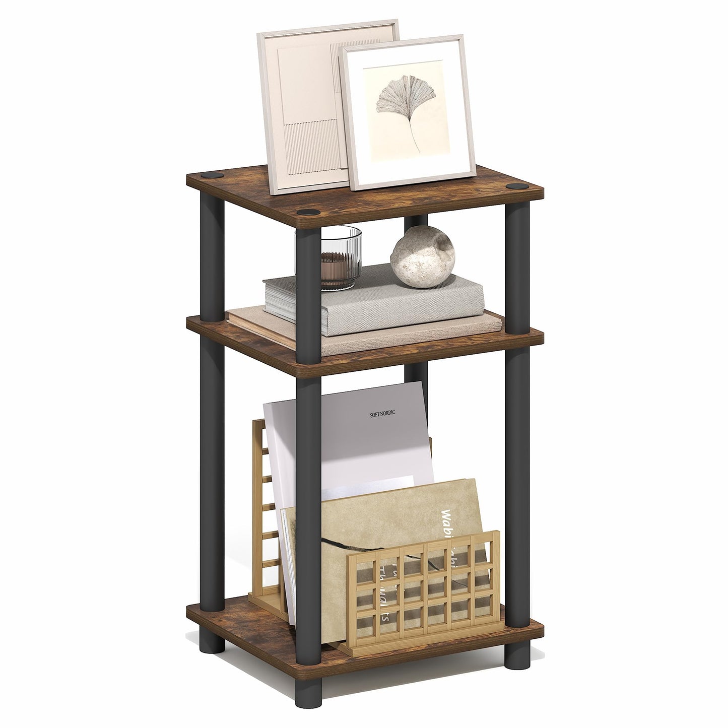 Furinno Turn-N-Tube Side Table, 3-Tier End Table with Open Shelf, Toolless Assembly Night Stand, Bedside Table, for Living Room, Bedroom, Amber Oak