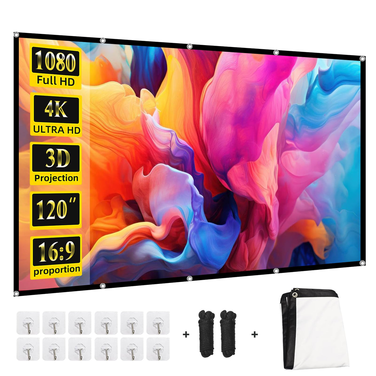 Projector Screen 120 inch，Portable Movie Projector Screen 16:9 HD Indoor Outdoor Double Sided Rear Projection Screen Video for Home, Party, Office, Classroom