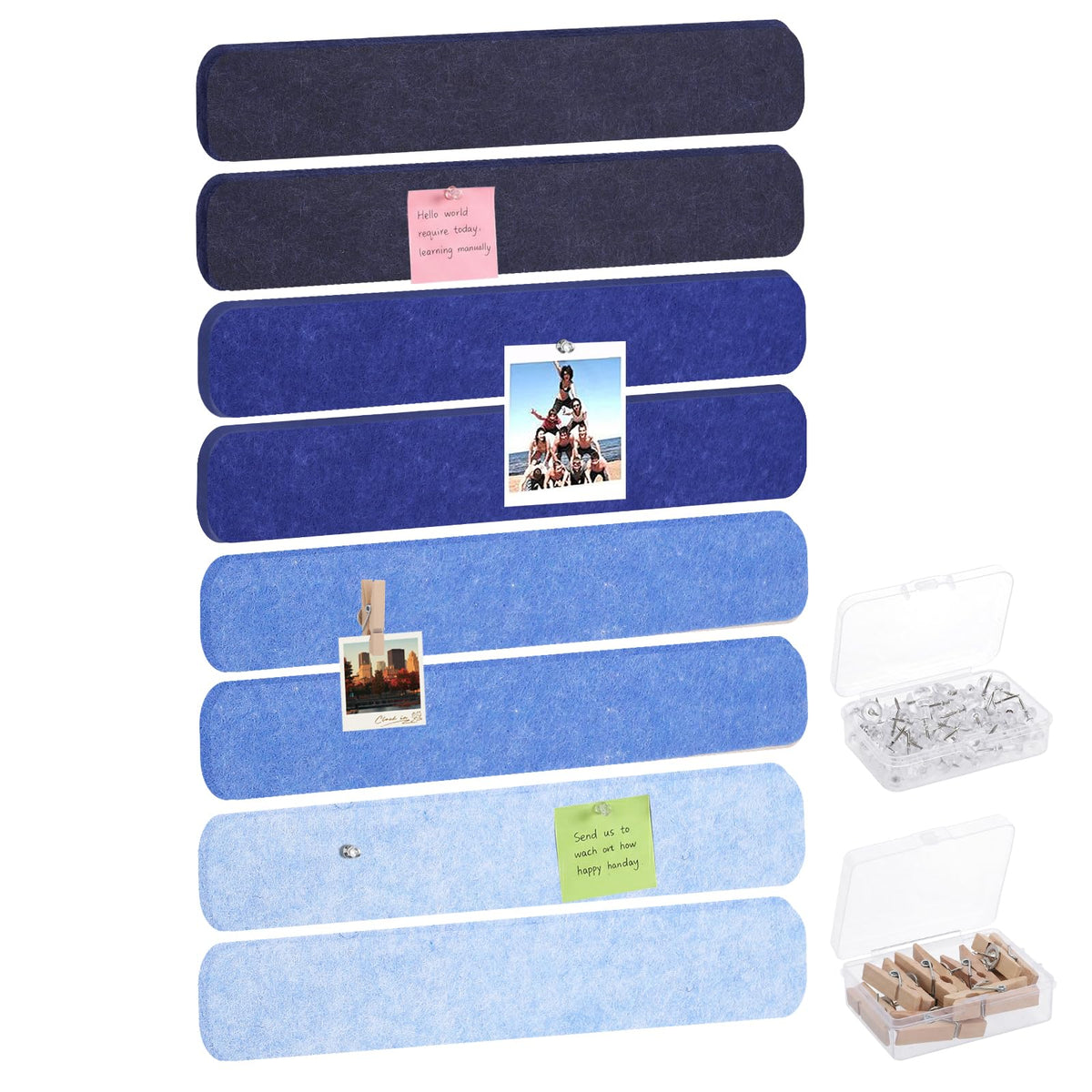 Thboxes 8 Pack Felt Bulletin Board Strips, 13x2 Inch Self Adhesive Felt Pin Boards with 50 Pushpins and 10 Wooden Clips Push Pins, Cork Board for Walls Home Office Decor(Serene Blue Mist)