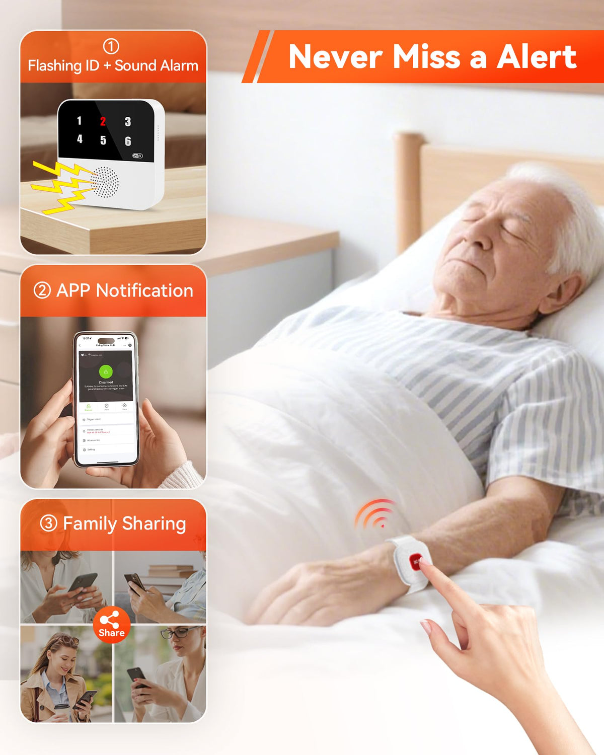 PILSAMAS WiFi Caregiver System - 2 Smart HUBs with Flashing Caller ID & APP Alert, 2 Waterproof Wristband + 2 Call Buttons, No Monthly Fee, Medical Alert Systems for Seniors at Home & Nursing Homes