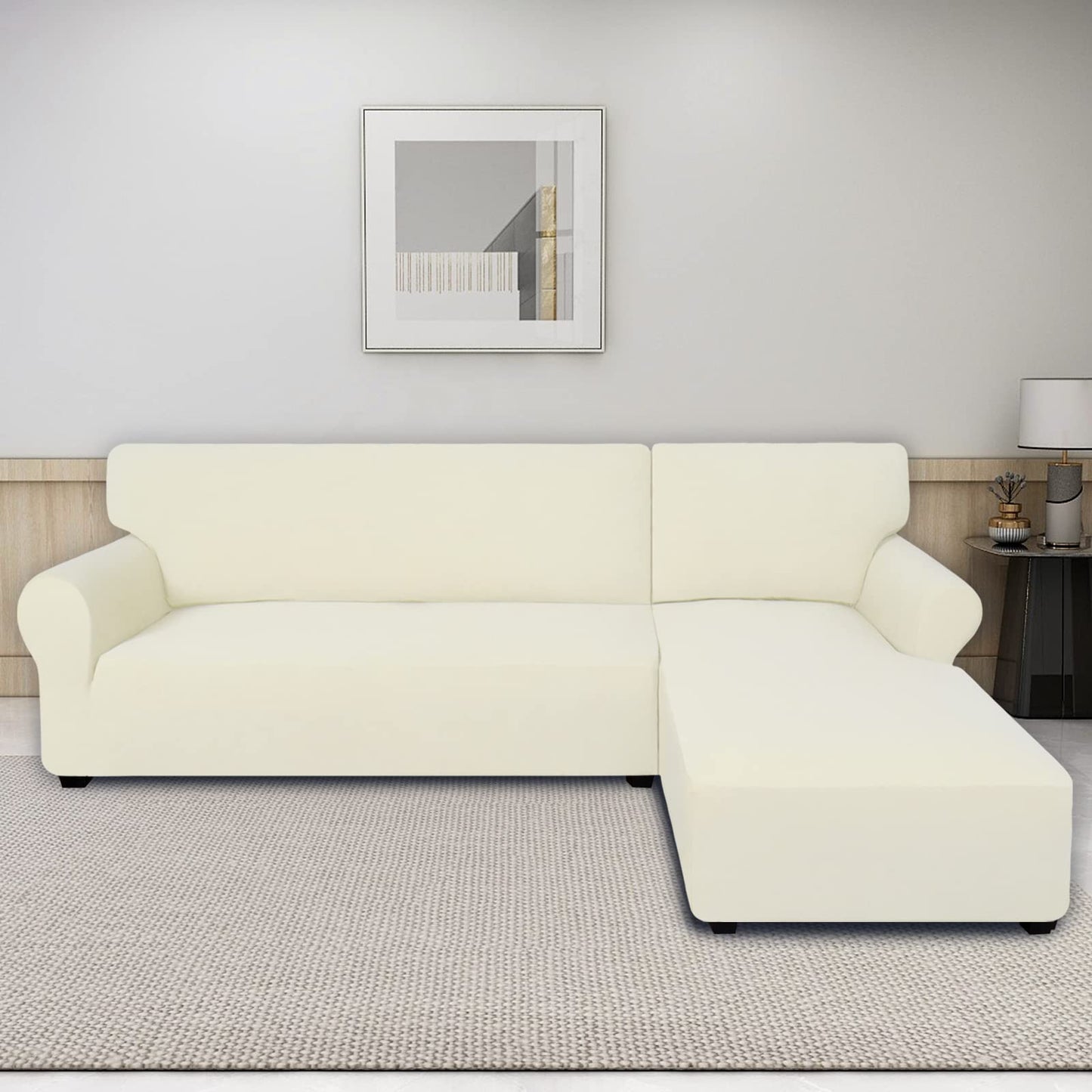 PureFit Super Stretch Sectional Couch Covers, polyester & spandex, Non Slip - 2 pcs Covers with Elastic Bottom for L Shape Sofa, Great for Kids & Pets (3 Seat Sofa + 3 Seat Chaise, Ivory)